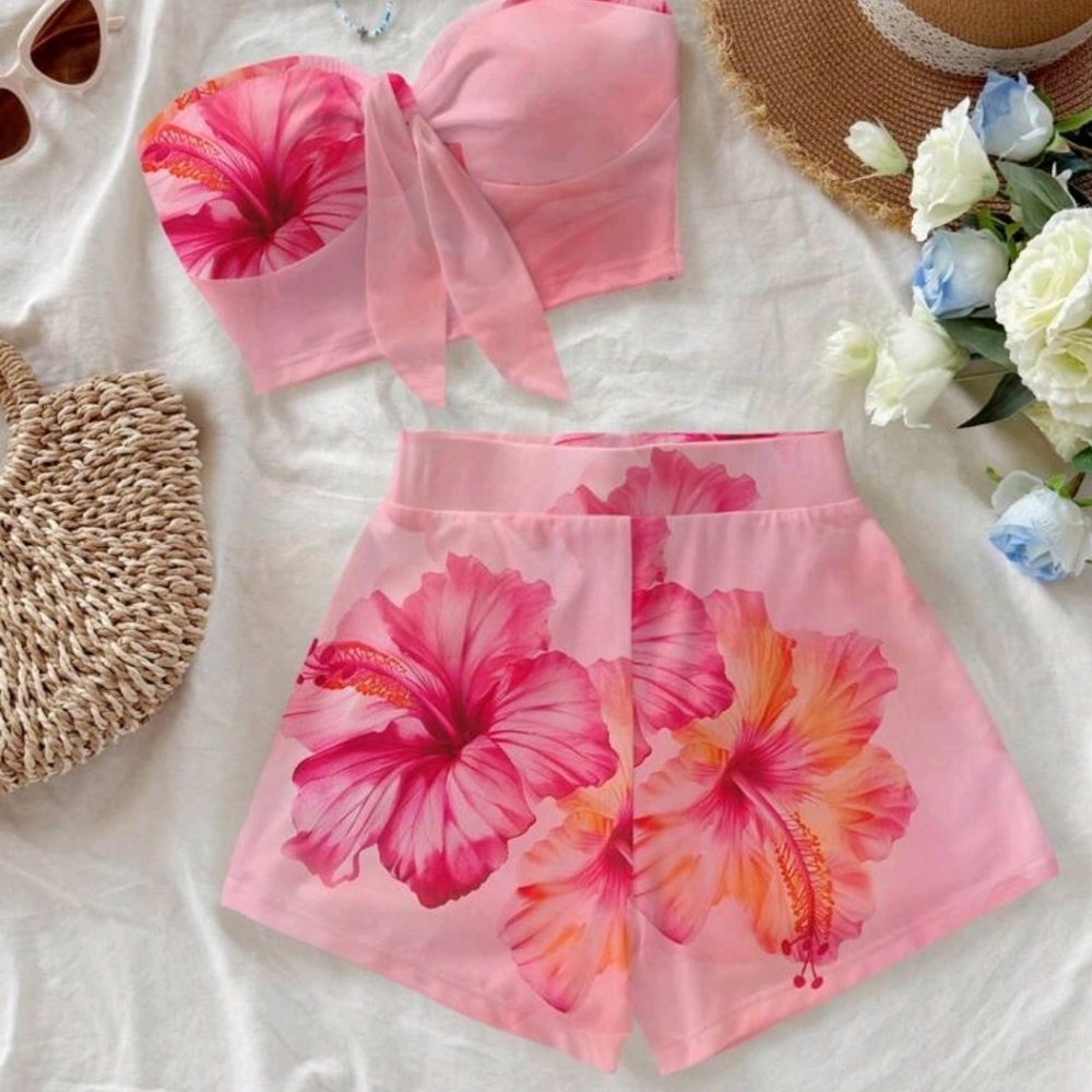 Soleia 2pcs Women's Casual Style Hibiscus Tropical Floral Print Tie - Picture 7 of 7